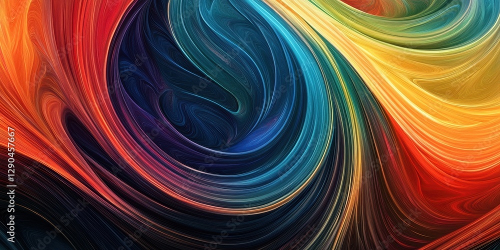 Poster vibrant swirling abstract lines in dynamic formation featuring rich reds, blues, and yellows with sm