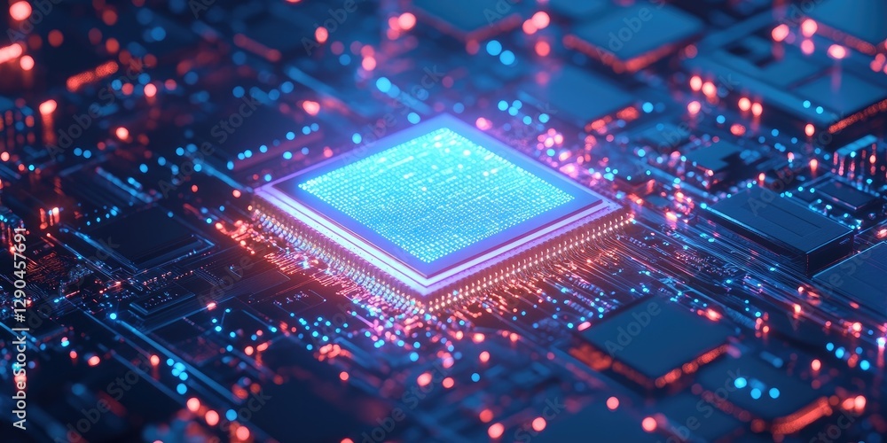 Aufkleber vibrant blue and red circuitry with a glowing central processor chip surrounded by intricate network