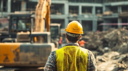 Construction Worker in Safety Gear at Building Site with Excavator in Background