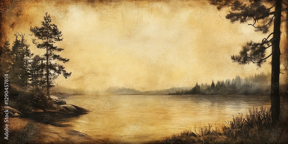 Poster scenic landscape backdrop featuring a hazy lake view with muted earth tones and soft textures, frame