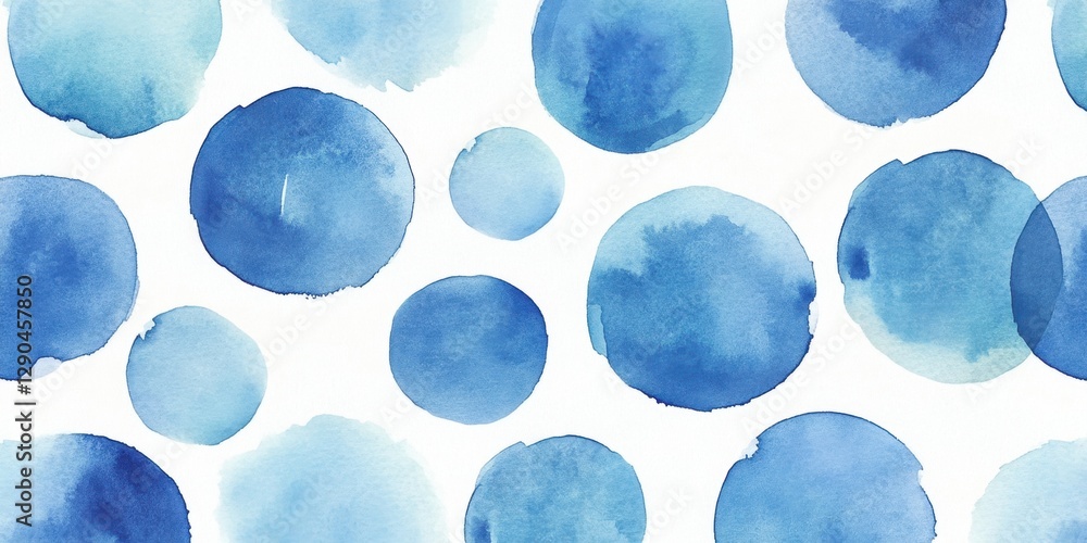 Poster watercolor background in multiple shades of blue featuring large and small polka dots on a white bac