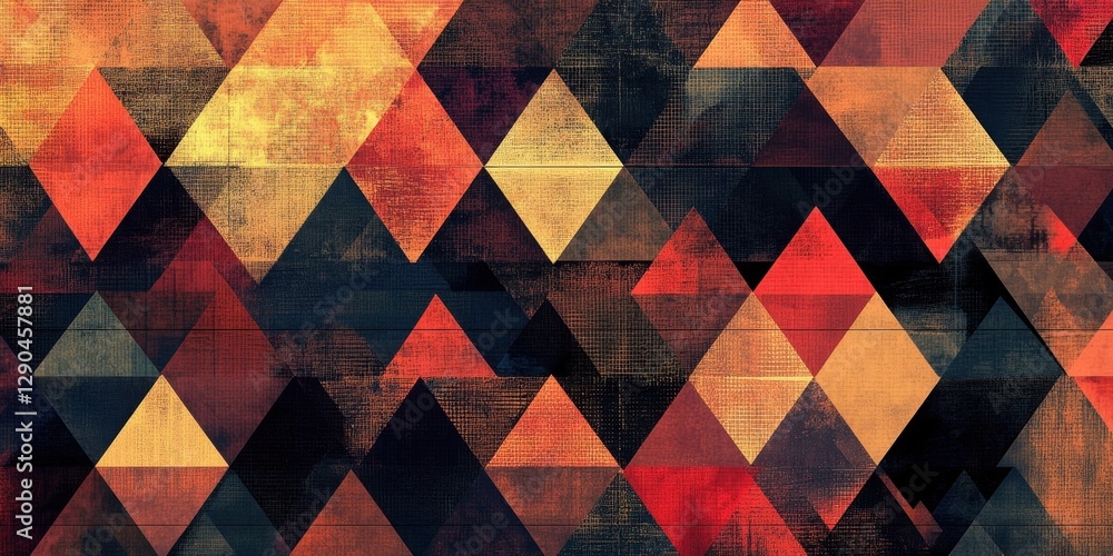 Poster geometric abstract backdrop featuring a rich pattern of red, orange, and black triangles with a text