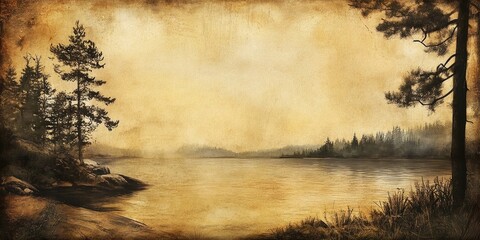 Fototapeta premium Scenic landscape backdrop featuring a hazy lake view with muted earth tones and soft textures, framed by pine trees on the left side.