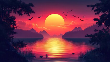 A vibrant sunset over a lake with mountains and birds