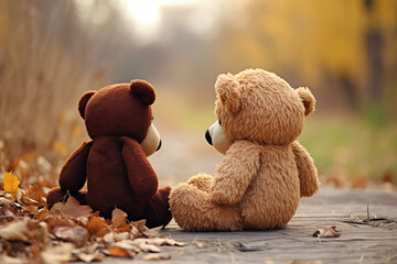 Two teddy bears sit together in a lonely atmosphere generative ai
