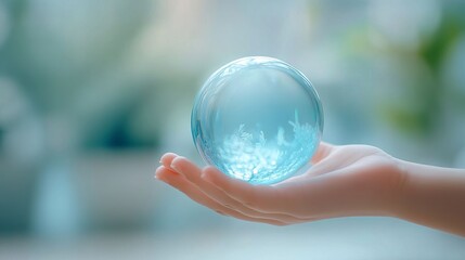 Serene Hand Holding Crystal Globe with Intricate Ice like Patterns Abstract Concept