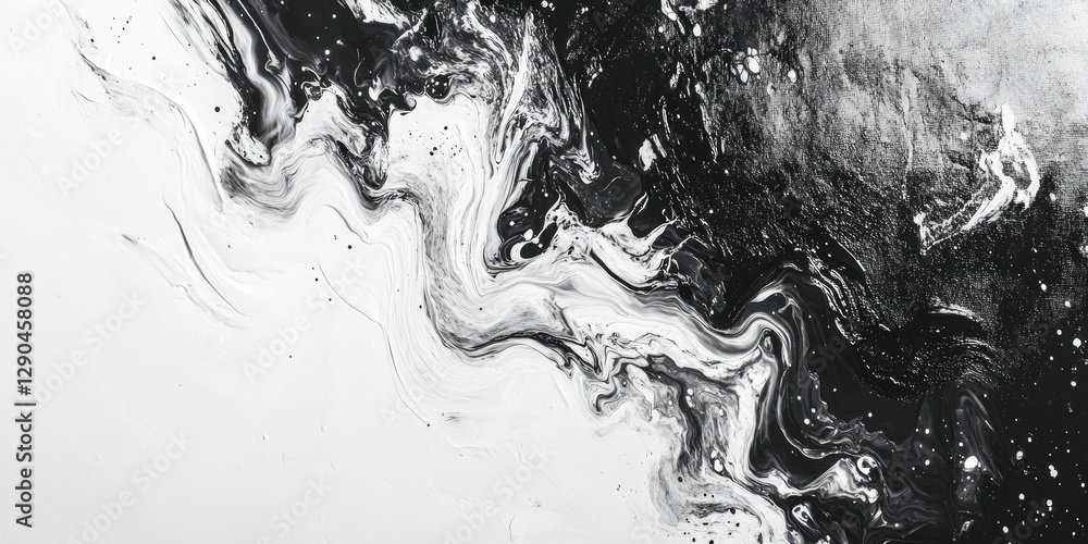 Poster abstract black and white fluid art composition with dynamic swirling patterns and textured brush str