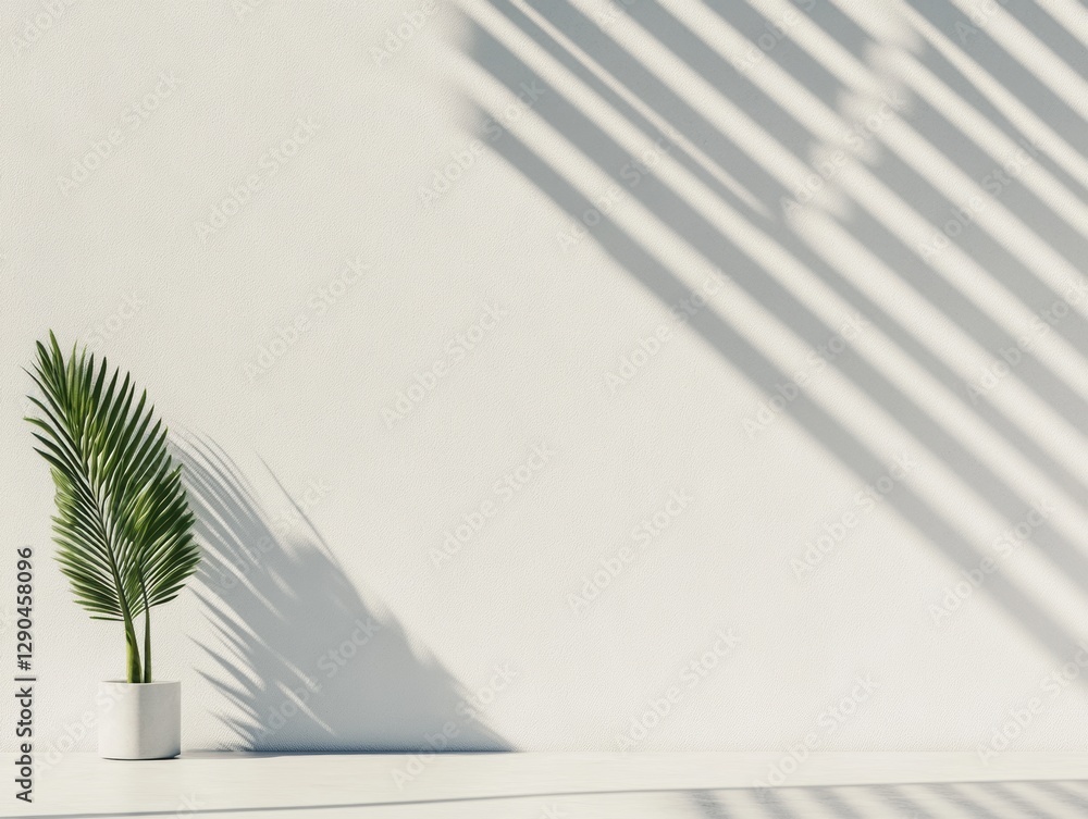 Poster minimalist tech space clean white concrete wall with palm and shadows for modern corporate branding 