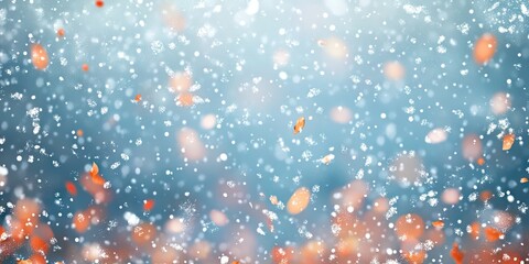 Festive winter background with falling snowflakes and colorful confetti in soft blues and warm oranges creating a cheerful holiday atmosphere