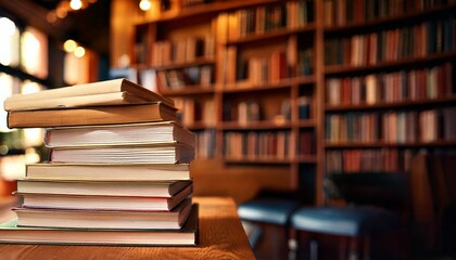 図書館 カフェ　積まれた本　背景素材