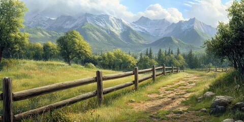 Fototapeta premium Scenic mountain landscape with a winding rustic wooden fence under a clear blue sky surrounded by lush green trees and soft sunlight illuminating the path