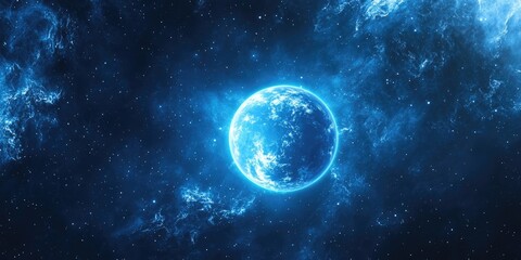 Obraz premium Radiant blue planet illuminated in dark cosmic space with shimmering stars and ethereal clouds in shades of blue and black, creating a vibrant galaxy scene.