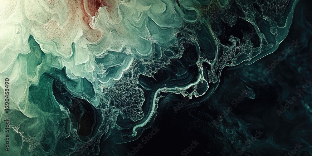 Poster abstract fluid art blending shades of teal and green with hints of red and cream, creating a mesmeri