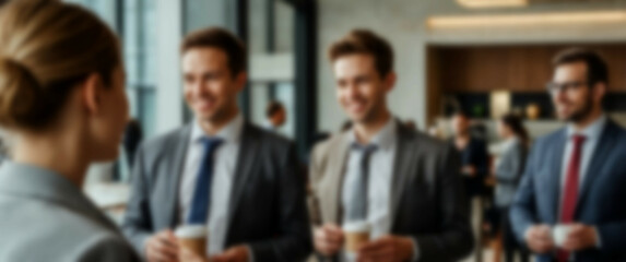 Blurred background illustrating a refreshing pause in the workday where colleagues talk and hold coffee cups