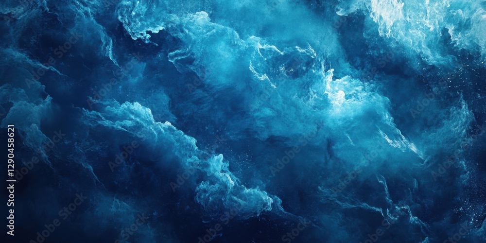 Poster deep blue abstract ocean waves design with swirling cloud-like textures creating a serene marine atm