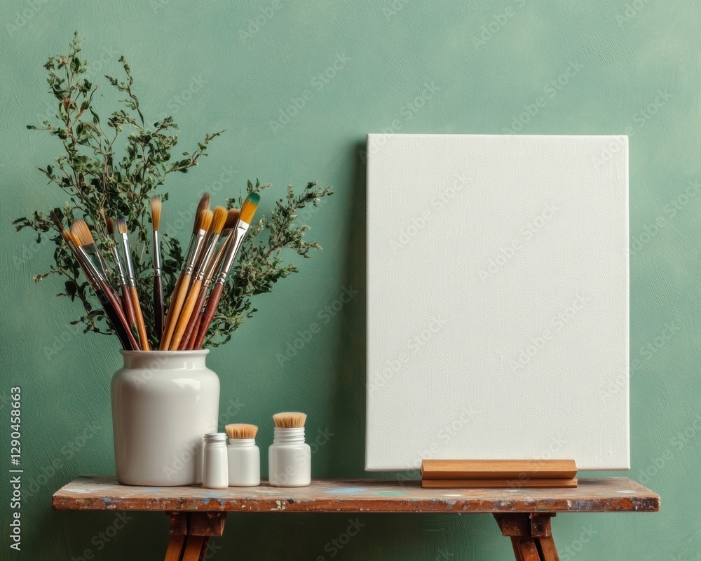 Aufkleber Contemporary Art Studio Display Minimalist Easel Setup with Brush Holder and Canvas on Rustic Table - Creative Workspace Organization for Modern Artistic Workflow and Professional Content Creation