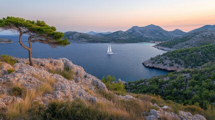 Obraz premium Sailboat on the Adriatic Sea at Dusk