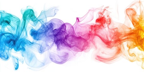 Colorful swirling smoke in blue, purple, pink, red, orange and yellow on a white background with a fluid, flowing pattern across the image.