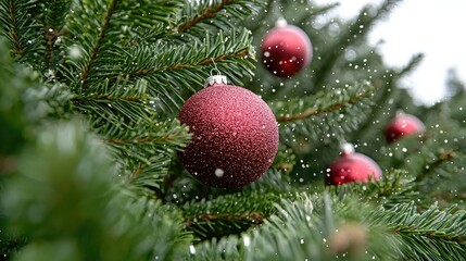 Red ornaments on snowy Christmas tree outdoors