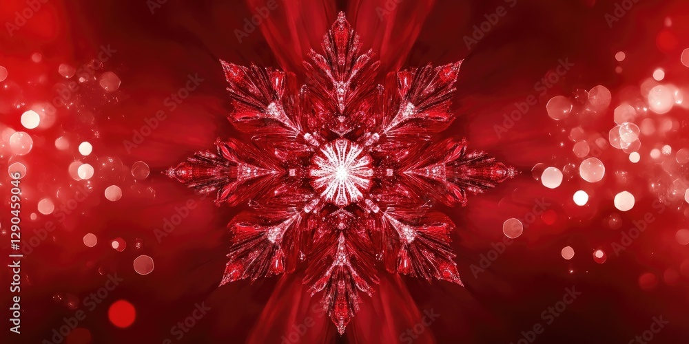 Poster festive red background with a symmetrical sparkling snowflake design at the center, surrounded by bl