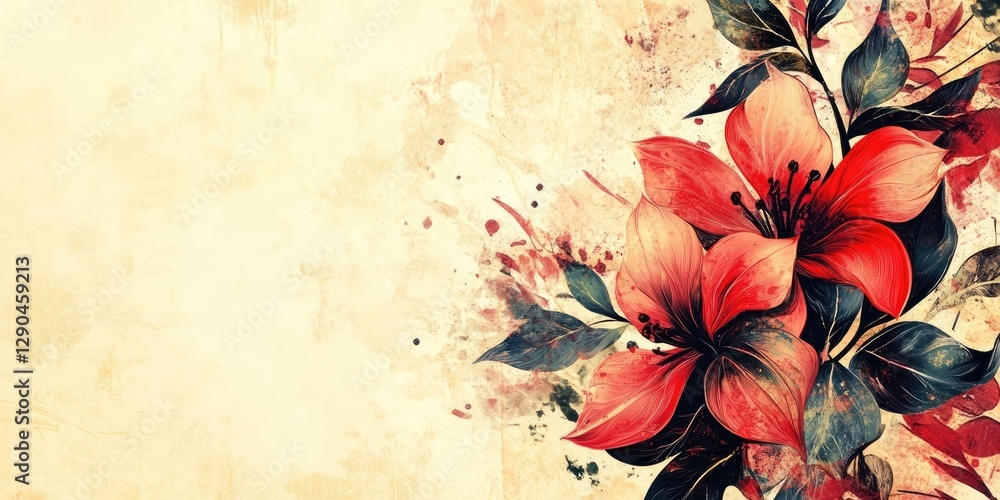 Aufkleber vibrant floral design with large red lilies and green leaves on the left against a soft beige textur