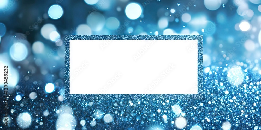 Poster shimmering blue bokeh background with bright circular lights featuring a textured frame in the cente