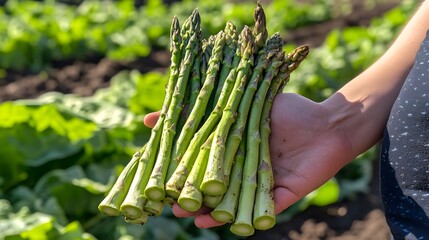 Freshly Harvested Green Asparagus Spears Held in Hand in a Farm Field