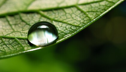 Macro shot of a droplet on a leaf, acting as a tiny magnifying glass. The water droplet magnifies the leaf's intricate veins, creating a unique and detailed view of nature's design