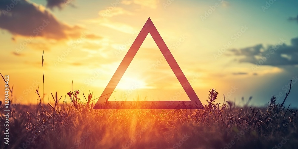 Poster sunset over grassy field with vibrant orange and blue sky, centered triangle shape with transparent 