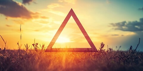 Sunset over grassy field with vibrant orange and blue sky, centered triangle shape with transparent background for text overlay.