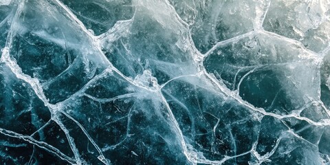 Intricate cracked ice surface with natural patterns in shades of turquoise and white, highlighting unique textures on frozen water bodies.