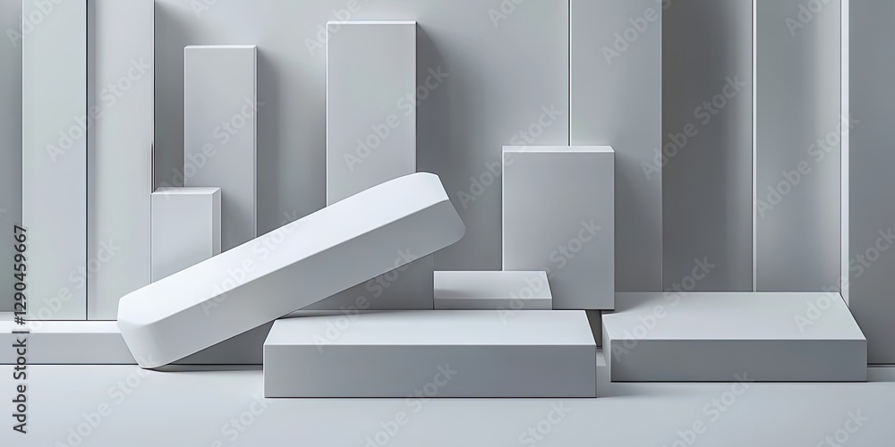 Poster minimalist three-dimensional corporate identity design featuring varying white geometric shapes and 