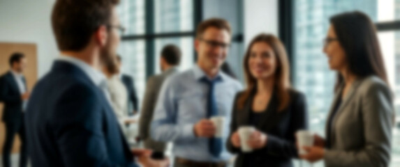 Blurred background focusing on an informal chat among colleagues that strengthens professional relationships
