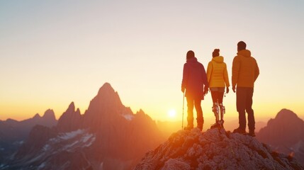 Fototapeta premium Modern Adventure Unity Diverse Hikers in Vibrant Gear on Dolomites Peak at Sunrise - Stock Imagery for Travel Marketing and Outdoor Lifestyle Branding