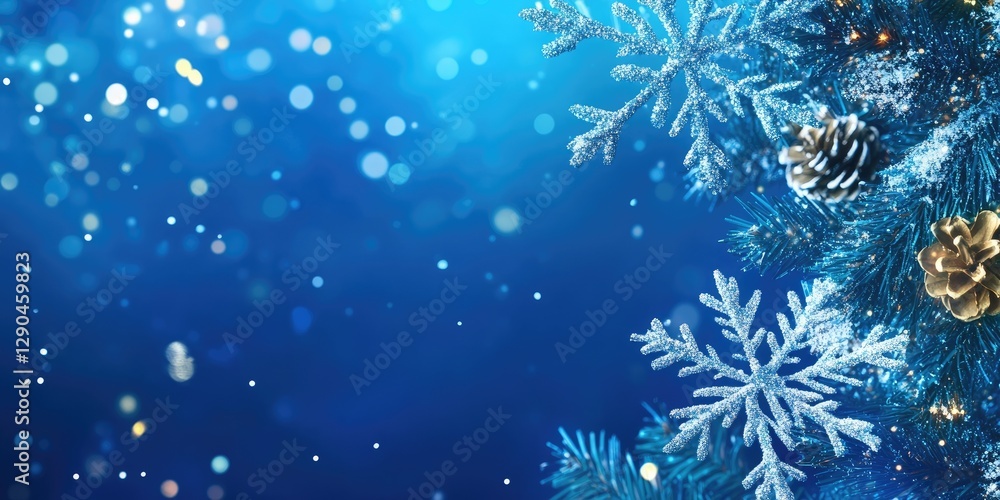 Poster festive blue background with shimmering snowflakes and soft bokeh lights, featuring decorated evergr