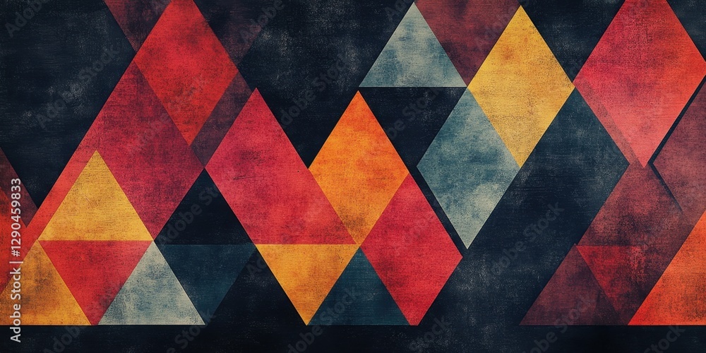 Poster abstract backdrop with a dark textured background, featuring interlocking triangles in red, orange, 
