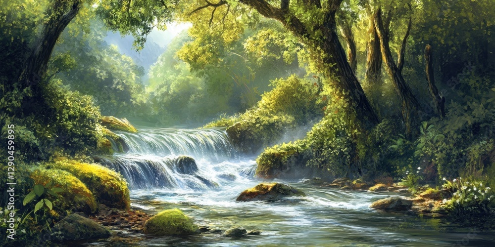Poster serene forest river flows swiftly through lush greenery with sunlight filtering through canopy creat