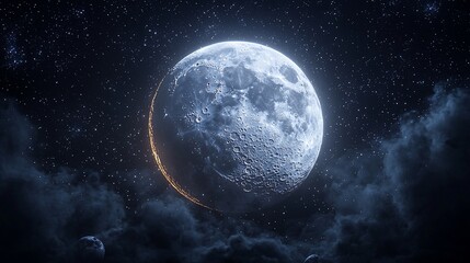 Obraz premium Night sky, crescent moon, stars, clouds, space, celestial.