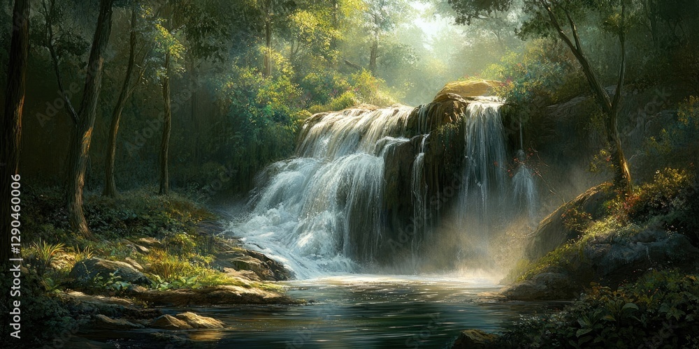 Poster serene cascading waterfall surrounded by lush green trees and misty atmosphere with soft sunlight fi
