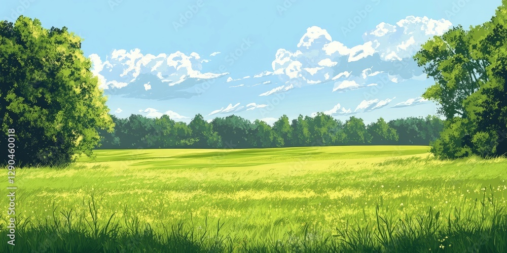 Poster vibrant green pasture under a blue sky with fluffy clouds bordered by lush trees on either side crea