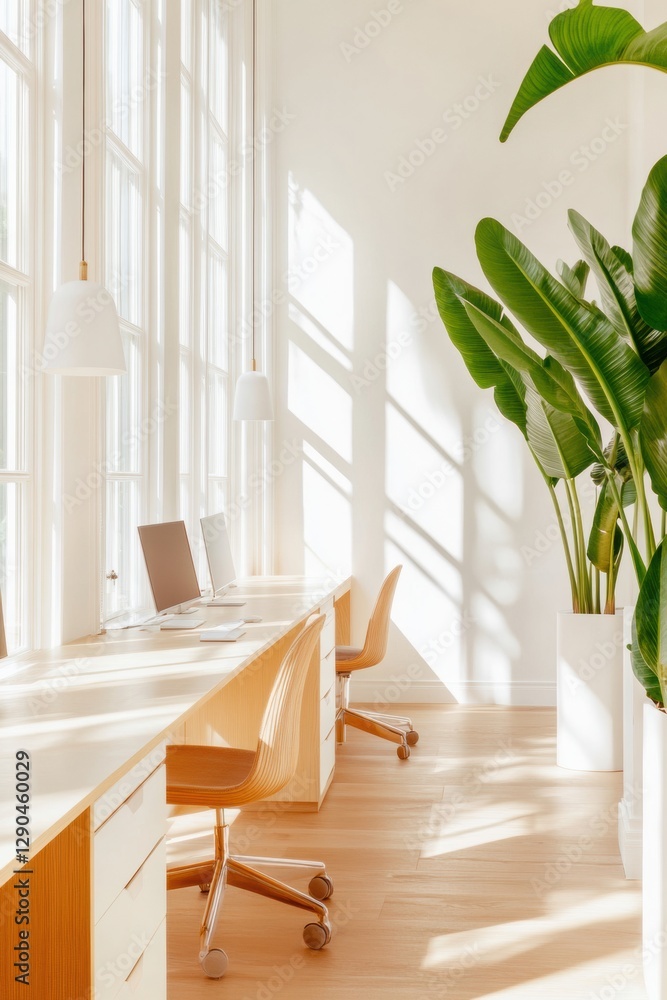 Poster minimalist workspace design modern light-filled open office with sleek desks and lush plants - optim