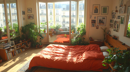 Sunny Parisian apartment bedroom with plants and orange bedding