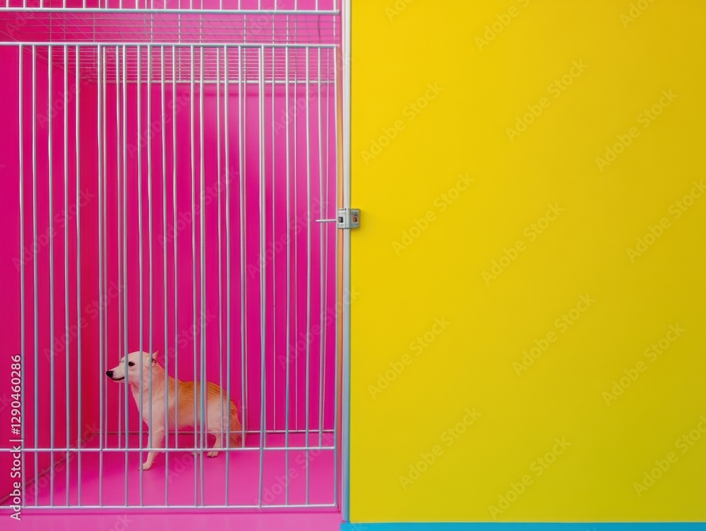 Poster vibrant pet transport display metal carrier crate with secure latch in colorful modern setting - saf