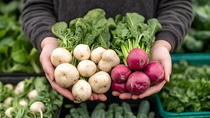 Fresh Organic Turnips and Radishes Held by Farmer at Market
