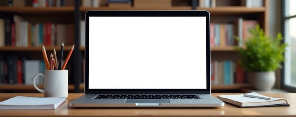 Fototapeta premium Empty laptop screen, office supplies, bookshelf background, interior, gray