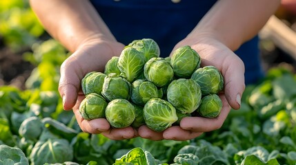 Freshly Harvested Brussels Sprouts in Farmer s Hands Organic Vegetable Farm