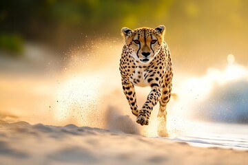 Cheetah running at high speed across bright sandy terrain