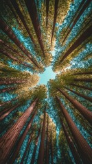 Biophilic Canopy Experience Immersive Forest Perspective with Sunlit Foliage - Eco-Visual Content for Environmental Conservation and Green Marketing Initiatives