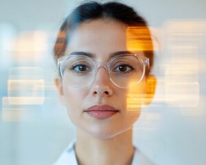 Futuristic Healthcare Office Glasses-Wearing Professional with Digital Display Overlay - Medical Management and Tech-Enhanced Recordkeeping for Operational Efficiency