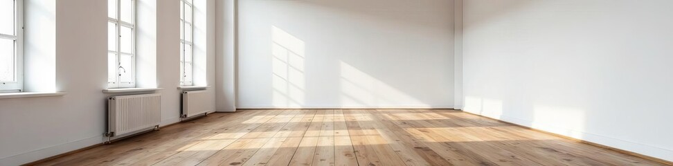 Fototapeta premium High-ceilinged hall; weathered wood floorboards, stark white wall, barn, antique
